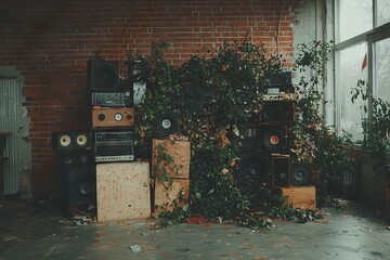A photorealistic depiction of a music wall featuring a diverse array of retro and vintage speakers, along with technical equipment and a sound system