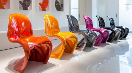 Fototapete - A row of five vibrant, uniquely shaped chairs in colors ranging from orange and yellow to black and pink are displayed against a sleek, white wall in a well lit interior environment.