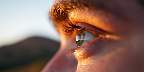 Poster - close-up of human eye with landscape reflection