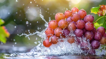 Poster - A cluster of grapes splashes into water, capturing freshness and vitality.