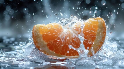 Poster - A fresh orange slice splashes into water, creating dynamic droplets and a refreshing scene.