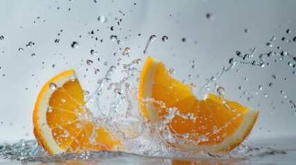 Poster - Slices of orange splashing in water, creating a refreshing and vibrant visual effect.