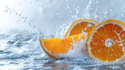 Poster - Fresh orange slices splashing in water, showcasing vibrant colors and refreshing imagery.