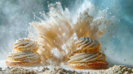 Poster - A dramatic explosion of flour surrounding two cream-filled pastries, creating a dynamic scene.