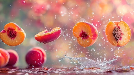 Poster - Slices of peaches splash in water, creating a vibrant and refreshing visual.