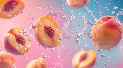 Poster - Juicy peaches splashing in water against a colorful background.