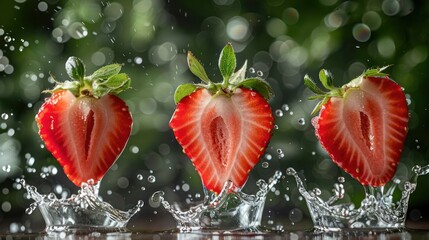 Poster - Fresh strawberries splashing in water, showcasing vibrant colors and dynamic motion.