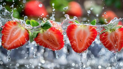 Poster - Juicy strawberries splashing in water, showcasing freshness and vitality.