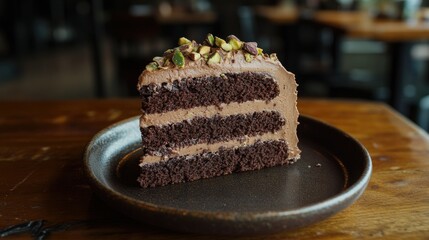 Wall Mural - A delectable slice of moist chocolate cake with rich frosting, topped with pistachios and walnuts, served on a handcrafted ceramic plate.