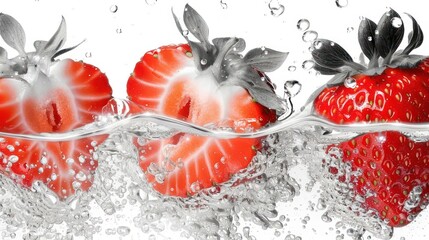 Poster - Three strawberries submerged in water with bubbles, showcasing freshness and vitality.