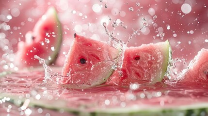 Poster - Fresh watermelon slices splashing in water, creating a vibrant and refreshing scene.