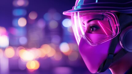 Poster - A futuristic portrait of a person wearing a helmet and goggles, illuminated by vibrant neon lights in a city backdrop.
