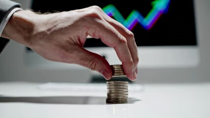 Poster - Professional businessman carefully stacking silver coins on white desk, financial growth graph displayed on computer screen in background, symbolizing wealth management and investment success