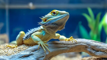 Bearded Dragon concept. Colorful lizard perched on a branch in a naturalistic habitat setting.