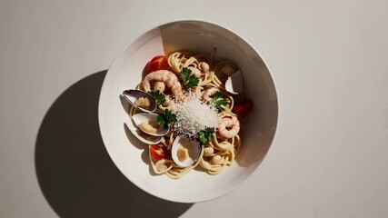Poster - Seafood pasta dish with shrimps, clams, cherry tomatoes, parsley, and grated cheese, slowly rotating on a white background, creating a visually appealing culinary scene