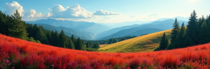Wall Mural - rolling hills, vibrant forest carpet, distant peaks, wild, landscape
