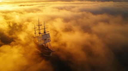 Wall Mural - Golden Sunset Sailboat Sailing Through Misty Clouds