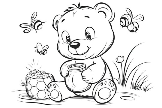 Baby bear holding a jar of honey, sitting by a beehive.