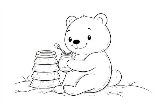 Baby bear holding a jar of honey, sitting by a beehive.