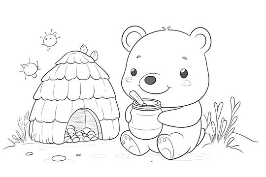 Baby bear holding a jar of honey, sitting by a beehive.