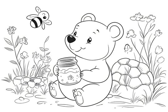 Baby bear holding a jar of honey, sitting by a beehive.