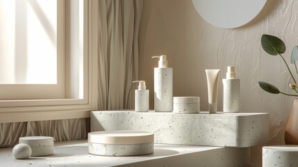 Poster - Soft sunlight streams through a window, illuminating a sleek bathroom countertop featuring minimalist skincare containers and a smooth stone circle, creating a serene, modern atmosphere.
