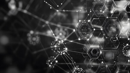 abstract black and white digital network with interconnected hexagons.