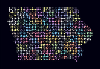 Poster - Iowa, shape of the state built of colored cells. Digital style map of Iowa on dark background. Small size circle blocks. Plain vector illustration.