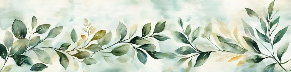 Wall Mural - Watercolor Background With Elegant Grass Silhouettes, Delicate Leaves In Pastel Teal And Green Tones