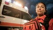 © Z A C - Woman wearing life vest and standing beside ambulance.