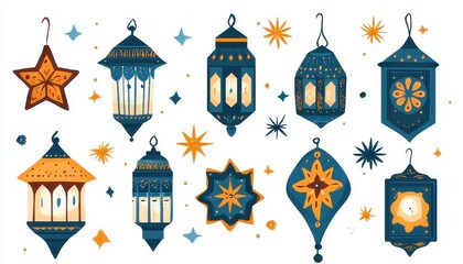 Aufkleber - Collection of Blue and Gold Lanterns with Stars Pixel Art Illustration