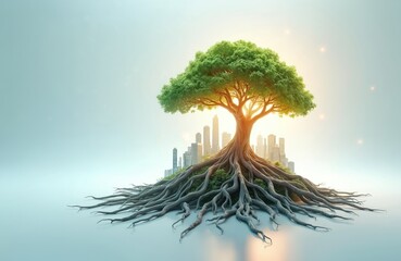 Fototapete - AI illustration of glowing tree with city as roots. Digital tech growing metaphor, eco-friendly urbanization concept. Represents growth, connection, innovation, future. Natural elements merge