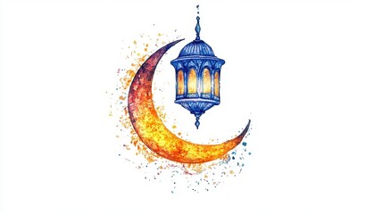 Wall Mural - Crescent Moon with Blue Lantern and Golden Sparkles