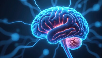 Poster - Active human brain sends electric signals out for neural activity. Nerve cells form neuron cell network. Neurology science illustration, medical analysis of mental health, memory, synapses,
