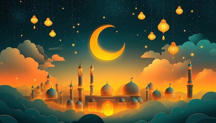 Wall Mural - Golden Cityscape at Night with Crescent Moon and Lanterns