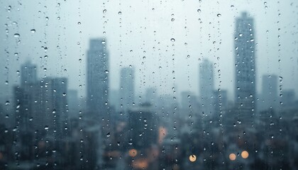 Poster - Water drops stream down window glass blurring grey city silhouette. Condensation droplets obscure outside view. Foggy transparent surface shows cold winter weather residential architecture. Focus on