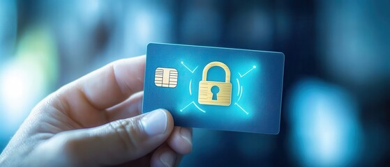 Poster - online payment systems. a hand holds a digital card featuring a lock symbol, representing security a