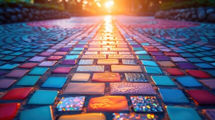 Poster - Colorful mosaic pathway illuminated by sunset, creating a vibrant and artistic ambiance.