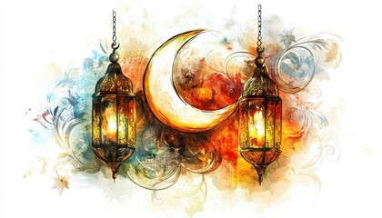 Wall Mural - Ornate Golden Lanterns and Crescent Moon Watercolor Painting