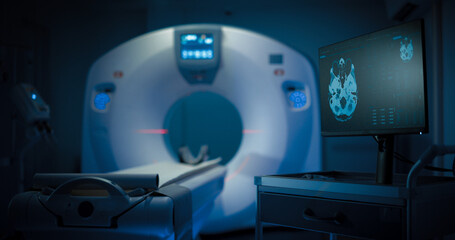 Poster - Medical CT or MRI or PET Scan Standing in the Modern Hospital Laboratory. Technologically Advanced and Functional Medical Equipment in a Clean White Room. Healthcare Concept.