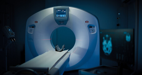 Poster - Medical CT or MRI or PET Scan Standing in the Modern Hospital Laboratory. Technologically Advanced and Functional Medical Equipment in a Clean White Room. Healthcare Concept.