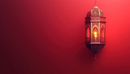 Wall Mural - Ornate Red Lantern with Glowing Candle Hanging Against a Deep Red Background