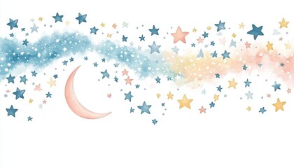 Wall Mural - Pastel Watercolor Crescent Moon and Stars Night Sky Illustration