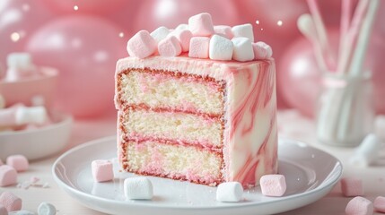 Wall Mural - Pink marble cake on a white ceramic plate, decorated with pastel marshmallows, cozy home-baked dessert, soft focus background