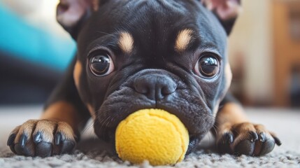 Wall Mural - Adorable French Bulldog Puppy Playing With Yellow Ball