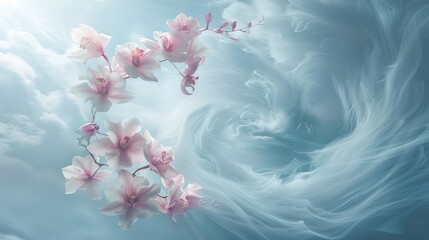 Poster - A serene composition of pink orchids amidst soft, swirling clouds.