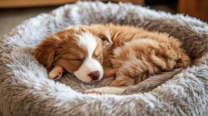 Poster - Adorable Red And White Puppy Sleeping Soundly In Bed