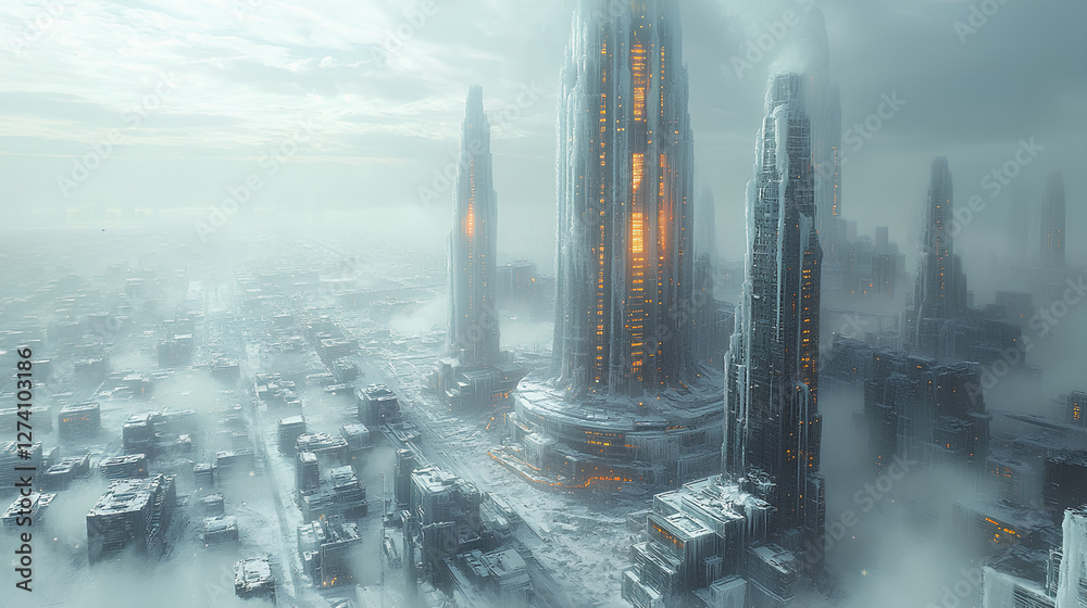 Illustration Stock Ultra-HD futuristic metropolis frozen in time during ...