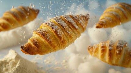 Poster - Croissants floating in the air, surrounded by flour, creating a whimsical food scene.