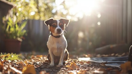 Poster - Adorable Small Dog Sitting Amongst Autumn Leaves